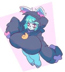 1girls animal_ears big_boobs big_breasts boobs breasts coat eye_bags eyelashes green_hair hoodie huge_boobs huge_breasts league_of_legends purple_eyes shortstack simple_background sleeves_past_fingers sleeves_past_wrists yordle