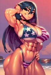1girls 4th_of_july abs ai_generated american_flag_bikini bare_arms bare_legs bare_shoulders bare_thighs beach big_breasts bikini bikini_bottom bikini_top black_eyes black_hair clothed clothing color female female_focus female_only fit_female gigiti gwen_(trogiai) hi_res large_breasts light-skinned_female light_skin long_hair looking_at_viewer nipple_bulge sand sea solo solo_female thick_thighs trogiai water