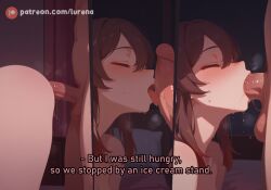 1girl after_vaginal ai_art ai_generated aroused artist:lurena deepthroat fellatio female genshin_impact horny horny_female hu_tao_(genshin_impact) licking_penis lurena netorare netorase patreon_url subtitled