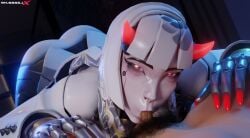 1boy 1girls 3d 3d_(artwork) 3d_artwork 3d_model 3d_render :>= android high_quality high_resolution highres hime_cut japanese_female long_hair looking_at_viewer oral oral_sex overwatch red_eyes robot robot_girl shaddoll_x shion_(overwatch) small_penis small_penis_adoration suit