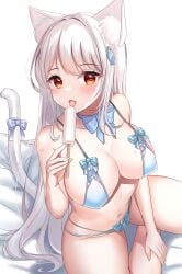 animal_ear_fluff animal_ears bare_shoulders bikini blue_bikini blue_choker bow bow_bikini bow_choker breasts cat_ears cat_girl cat_tail choker cleavage covered_nipples female female food hair_ornament hairclip hand_up highres holding katsushika_pachi large_breasts licking long_hair looking_at_viewer multi-strapped_bikini navel open_mouth original popsicle red_eyes sitting solo stomach string_bikini swimsuit tail tail_bow tail_ornament thighs tongue tongue_out very_long_hair wet white_hair