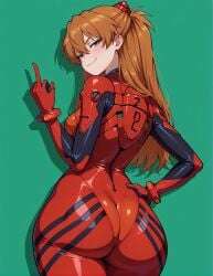 1girls ai_generated ass asuka_langley_sohryu blue_eyes blush bodysuit breasts brown_hair from_behind gloves green_background hair_between_eyes hair_ornament hand_on_hip index_finger_raised interface_headset long_hair looking_at_viewer looking_back neon_genesis_evangelion plugsuit red_bodysuit shiny shiny_clothes skin_tight smile solo souryuu_asuka_langley