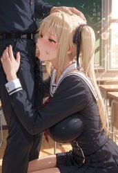 1boy 1girl ai_generated bangs belt black_ribbon black_shirt black_skirt blonde_hair blush breasts censored classroom crying crying_with_eyes_open deepthroat desk fellatio green_eyes hair_ribbon hand_on_another hetero indoors irrumatio kermixx kyonyuu_fantasy large_breasts long_hair long_sleeves mosaic_censoring oral pants penis pleated_skirt ribbon s_head sailor_collar saliva school_uniform serafuku shirt sidelocks sitting skirt solo_focus sweat tears tenma_cecile twintails white_sailor_collar