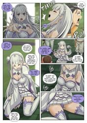 1girls commission elf elf_female emilia_(re:zero) exposed_panties imminent_sex knocked_down multiple_boys natsuki_subaru netorare re:zero_kara_hajimeru_isekai_seikatsu revealing_clothes silver_hair wacum