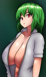 1girls collarbone eyebrows_visible_through_hair eyelashes gradient_background green_hair large_breasts looking_at_viewer nuevii open_shirt red_eyes revealing_clothes short_sleeves smile solo touhou white_shirt yuka_kazami