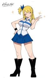 1girl blonde_hair clothed cute fairy_tail lucy_heartfilia pretty_girl sfw smile standing v_sign