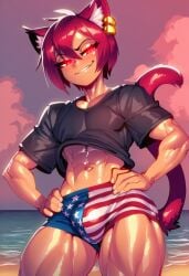 abs ai_generated american_flag_shorts beach cat_ears cat_tail catboy femboy femboy_only gigiti glowing_eyes looking_at_viewer male_focus male_only red_eyes red_hair sand sea smug smug_face solo solo_male standing trogiai vesper_(trogiai) water