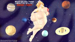 1girls 3d 3d_(artwork) alternate_breast_size areola areolae ass ass_focus barefoot big_ass big_breasts blonde_hair boreditor bubble_ass bubble_butt busty completely_nude completely_nude_female crown curvy dialogue earrings female female_focus female_only full_body giantess giga_giantess glowing high_resolution highres large_breasts light-skinned_female light_skin long_hair mario_(series) massive_ass massive_breasts naked naked_female nintendo nipples nude nude_female planet princess_rosalina round_ass sfm smug smug_face solo solo_female source_filmmaker space star_earrings super_mario_galaxy text thick_thighs thighs