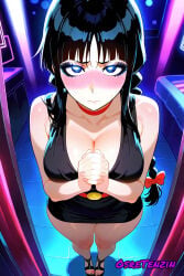 ai_generated anime ashamed big_breasts black_dress black_hair bleach dreads dress girl heels hips legs makeup nemu_kurotsuchi nightclub osretenzin praying