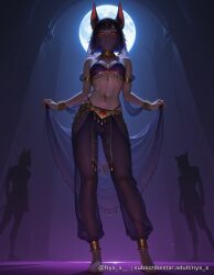 1girl ai_generated animal_ears anklet arabian_clothes armlet avatar_(ff14) bare_shoulders barefoot black_hair bracelet breasts cat_ears dancer dark-skinned_female dark_skin full_body full_moon harem_outfit harem_pants highleg jewelry looking_at_viewer midriff moon mouth_veil navel navel_piercing night nyx_x pants piercing see-through sensitive short_hair solo solo_focus standing veil