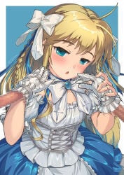 ahoge blonde_hair blue_eyes blue_ribbon blue_skirt blush bodysuit bow censored commentary_request comu_-kuroi_ryuu_to_yasashii_oukoku- corset ejaculation_under_clothes gloved_handjob gloves hair_bow hair_ribbon handjob highres jewelry long_hair mosaic_censoring neck_ribbon open_mouth penis penis_in_glove ribbon skirt sleeveless sleeveless_bodysuit tokiatm white_bow white_gloves white_ribbon yuuna_(comu)