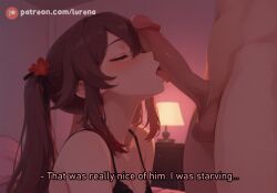 1girl ai_art ai_generated aroused artist:lurena female genshin_impact horny horny_female hu_tao_(genshin_impact) licking_penis lurena patreon_url penis penis_on_face subtitled