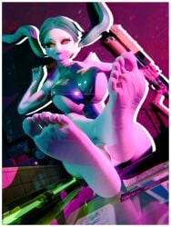 3d 3d_art 3d_render alleyway areola ass barefoot breasts buttocks cd_projekt_red cyberpunk_edgerunners cyberware explicit feet female glowing_tattoo green_hair gun highres human_female large_breasts legs_up lying lying_on_back neon_light nipples outdoors peace_sign puddle rebecca_(cyberpunk) shotgun sole_focus solo studio_trigger tattoo toes twin_tails upside_down visiuun weapon wet woman