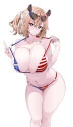 1girl absurdres american_flag american_flag_bikini american_flag_print animal_ears bikini blush breasts brown_hair collarbone commentary curvy english_commentary eyewear_on_head flag_print flag_print_bikini florida_bikini green_eyes highres huge_breasts indie_virtual_youtuber looking_at_viewer mole nail_polish navel nimi_nightmare print_bikini second-party_source simple_background solo standing sunglasses swimsuit thighs virtual_youtuber white_background