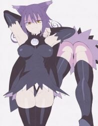 1girls :3 ass bare_shoulders black_dress black_thighhighs blair_(soul_eater) blush breasts cat_ears closed_mouth detached_sleeves dress female hair_between_eyes hi_res highres huge_breasts inkerton-kun inkuusan large_breasts leaning_forward long_hair looking_at_viewer paw_pose purple_hair shiny_skin smile solo soul_eater thighhighs witch yellow_eyes