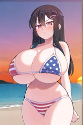 ai_generated beach bikini black_hair female female_only huge_breasts long_hair nozomi_(akitokage01) schoolgirl tsundere