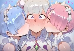 2d 2d_(artwork) 2d_artwork 3girls ai ai-created ai_art ai_assisted ai_generated blizzie_ai blue_hair blue_hair_female blush blushing blushing_female emilia_(re:zero) female/female/female kiss_on_cheek kissing_cheek light-skinned_female light_skin pink_hair pink_hair_female ram_(re:zero) re:zero_kara_hajimeru_isekai_seikatsu rem_(re:zero) white_hair white_hair_female yuri