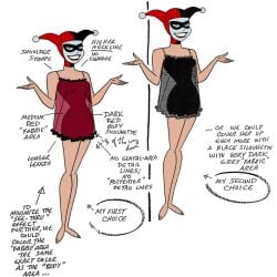 1girl arrow_(symbol) babydoll bare_legs barefoot batman:_the_animated_series batman_(series) black_nightgown blue_eyes breasts camisole character_profile chemise clown clown_girl clown_makeup curvy dc_comics dcau domino_mask english_text facepaint feet female full_body harleen_quinzel harley_quinn harley_quinn_(classic) hat jester jester_cap jester_girl legs lingerie lipstick makeup mask multiple_views negligee nightgown nightie official_art pom_pom_(clothes) red_nightgown red_nightie reference_sheet see-through see-through_dress shrugging sketch small_breasts smile the_new_batman_adventures toes underwear variations warner_bros warner_bros._animation warner_brothers white_background white_facepaint young young_female