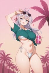ahoge ai_generated alisa_mikhailovna_kujou arms_up bare_legs beautiful_girl belly_button big_breasts bikini blue_eyes bracelet crop_top cropped_shirt from_below gta_vi_cover_girl hair_ribbon heart_shaped_sunglasses holding_object long_hair necklace palm_tree red_lipstick roshidere seductive_look silver_hair stoker_ai sunglasses thong tied_shirt tokidoki_bosotto_russian_de_dereru_tonari_no_alya-san underboob white_hair