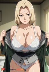 1girl ai_generated artist_name bare_shoulders bed blonde_hair bow bow_panties breasts brown_eyes cleavage closed_mouth collarbone cowboy_shot crystal facial_mark forehead_mark green_kimono grey_kimono groin hexogen indoors japanese_clothes kimono large_breasts lips long_hair looking_at_viewer low_twintails mature_female naruto naruto_(series) naruto_shippuuden obi off_shoulder on_bed open_clothes open_kimono open_shirt opened_by_self panties parted_bangs patreon_logo patreon_username sash shiny_skin smile solo standing thigh_gap thighs tsunade_(naruto) twintails underwear undressing white_panties