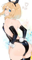 1boy animal_ears ass bare_shoulders black_legwear black_leotard blonde_hair blue_eyes bridget bulge bunny_boy bunny_ears bunny_girl bunny_tail bunnysuit detached_collar elbow_gloves fake_animal_ears fake_tail guilty_gear guilty_gear_strive heart leotard looking_at_viewer looking_back male_focus otoko_no_ko solo strapless strapless_leotard tail thighhighs wrist_cuffs