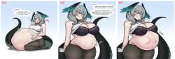 2girls arknights belly_button belly_expansion big_breasts bra breast_expansion fangs fat_belly female fetal_movement green_eyes ho'olheyak ho'olheyak_(arknights) implied_impregnation impregnation impregnation_request kal'tsit_(arknights) large_breasts looking_at_viewer monster_girl panties pregnant pregnant_belly short_hair signature simple_background snake_girl snake_tail stomach_bulge tagme thick_thighs thigh_expansion tongue_out tsukiji unseen_character vore vore_belly weight_gain wings_on_head