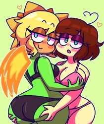 2girls artist_request big_breasts big_butt black_underwear blonde_hair breasts brown_hair cartoon_girl chisai chisai_mew female fire_wings freckles grabbing_ass grabbing_breasts grabbing_butt green_eyes green_skin looking_at_viewer looking_back mole_on_breast pink_underwear plant_humanoid plantie plants_vs_zombies plants_vs_zombies:_heroes short_hair short_hair_female solar_flare_(pvz) summer_lightflare sunflower sunflower_(pvz) underwear youtube_hispanic yuri