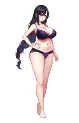 1girl absurdres black_eyes black_hair bra braid breasts cleavage hand_on_own_hip highres large_breasts light_blush long_hair low-tied_long_hair mature_female midriff navel original panties single_braid tachi-e toriatto_gununu underwear white_background