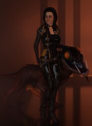 3d alien alien/human before_sex bestiality big_penis black_hair bodysuit canine canine_genitals canine_penis dressed female/male feral feral_on_female looking_at_viewer miranda_lawson posing posing_for_the_viewer shoulder_length_hair simple_background size_difference standing varren