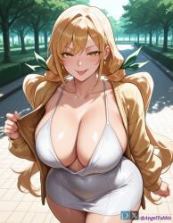 1girls ai_generated angel_yukkis ass big_ass big_breasts big_tits breasts curvy curvy_female curvy_figure day dress fat_ass inda_karane kimi_no_koto_ga_dai_dai_dai_dai_daisuki_na_100-nin_no_kanojo nipples oppai park pussy pussy_juice revealing_dress sexy_female sexy_pose sweat tits voluptuous_female wet wet_pussy white_dress