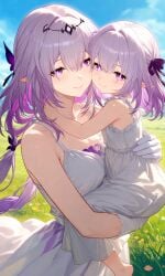 2girls ai ai_generated castorice_(honkai:_star_rail) female female_focus grass grass_field green_field honkai:_star_rail impacter looking_at_viewer mother mother_and_daughter pov sundress