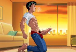 ai_generated apartment barefoot city_background cock erection gay half-dressed indoors jerking_off kneeling living_room male male_feet male_only masturbation muscular_male orgasm_face precum solo_male sweat yaoi yu_yu_hakusho yusuke_urameshi