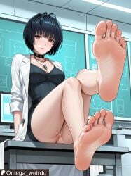 1girl ai_generated black_hair brown_eyes choker dress exposed_pussy feet feet_up foot_fetish foot_focus lab_coat laboratory looking_at_viewer medium_breasts omega_weirdo patreon pendant persona persona_5 short_hair showing_feet sitting_on_table soles solo solo_female solo_focus takemi_tae