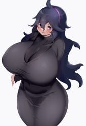 alternate_breast_size big_breasts big_nipples blush clothed_female dress female female_only hex_maniac huge_breasts hyuuman long_hair pokemon pokemon_xy purple_eyes purple_hair smile thick_thighs viewed_from_above wide_hips