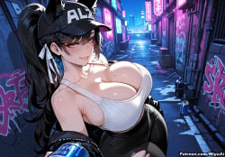 1girl ai_assisted ai_generated animal_ears atago_(azur_lane) azur_lane bangs bare_shoulders black_hair blush breasts brown_eyes cleavage cowboy_shot curvaceous curvy curvy_female curvy_figure eyebrows_visible_through_hair female ground_vehicle hat huge_breasts large_breasts long_hair looking_at_viewer miyuai mole mole_under_eye motor_vehicle multiple_others night outdoors ponytail road smile solo sweat thick thick_ass thick_butt thick_hips thick_legs thick_thighs torn_clothes torn_legwear voluptuous voluptuous_female wide_hips wide_thighs