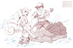 alolan_vulpix anthro anus araivis-edelveys bandage baseball_cap breasts canid canine clothed clothing collar collar_only female fox fur genitals group hair hat headgear headwear heart human male mammal nintendo nipples nude pawpads pokemon pokemon_(species) pussy regional_form_(pokémon) spread_legs spreading trio video_games vulpix