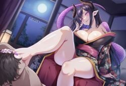 1boy 1girls ai_assisted ai_generated bedroom black_hair black_horns black_kimono dragon_girl femdom horns kimono large_breasts long_hair mature_female monster_girl night oc original_character patreon pointy_ears purple_eyes purple_nails purple_scales scales scales_on_shoulder slit_pupils tail watermark