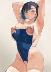 1girls arms_up bar_censor black_hair blue_swimsuit blush breasts censored cleavage embarrassed female female_only hairclip highleg_swimsuit hips huge_breasts mm_(yoromu) one-piece_swimsuit original original_character pussy short_hair simple_background steam steaming_body swimsuit thick_thighs thighs torn_clothes visible_breath wide_hips