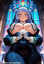 1girl ai_generated artist_name black_dress blue_eyes blue_hair blush boku_no_hero_academia breast_curtains breasts carminroux church covered_navel covered_nipples cross dress drill_hair from_below gloves habit hado_nejire hadou_nejire hair_horns indoors interlocked_fingers large_breasts light_blue_hair long_hair long_sleeves looking_at_viewer looking_down my_hero_academia my_hero_academia_(finale) nejire_hado no_bra nun own_hands_clasped own_hands_together parted_lips patreon_logo patreon_username solo stained_glass thighs twin_drills underboob very_long_hair web_address white_gloves