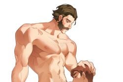 beard blowjob dispatch_(game) fellatio gay hand_on_head implied_oral male male_only muscular muscular_male oral phenomaman robert_robertson sucking sucking_penis tyaki129