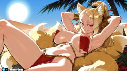 1girl 2026 2d absurd_res absurd_resolution absurdres ai_generated animal_ears armpits arms_behind_head arms_up beach blonde_hair blue_sky blush breasts covered_nipples day fox_ears fox_girl fox_tail hair_ornament hi_res high_quality high_resolution high_school_dxd highres image kitsune large_breasts long_hair looking_at_viewer lying multiple_tails navel on_back outdoors palm_tree patreon patreon_logo patreon_username pelvic_curtain ponytail revealing_clothes sky smile solo sun tail thighs tree uncensured watermark wienergens yasaka_(high_school_dxd) yellow_eyes
