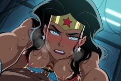 1boy 1girl ai ai_art ai_generated bar_censor black_hair blue_eyes blush breasts breasts_out breath censored clenched_teeth cowgirl_position dark_skin dc_comics earrings female_pubic_hair girl_on_top hanging_breasts heavy_breathing hetero indoors jewelry lips lipstick long_hair looking_at_viewer makeup medium_breasts nipples nose_blush nude parted_lips penis pov pubic_hair pussy pussy_juice red_lips sex solo_focus star_(symbol) star_earrings straddling sweat teeth tiara vaginal