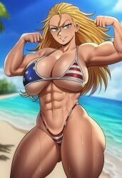 1girls abs ai_generated american_flag_bikini beach big_breasts bikini blonde_female blonde_hair boku_no_hero_academia boobs boobs_bigger_than_head breasts breasts_bigger_than_head cathleen_bate female female_only flexing light-skinned_female light_skin muscles muscular muscular_female my_hero_academia solo solo_female sweat sweating sweaty sweaty_body