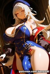 1futa aged_up ai_generated azur_lane bare_shoulders beret blue_dress bulge busty cleavage curvy detached_sleeves futa_only futanari hi_res huge_breasts large_penis long_hair looking_at_viewer mole_under_eye penis penis_under_clothes senzoai smile solo solo_futa tagme tattoo thick_thighs yellow_eyes z46_(azur_lane)