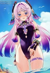 1girls absurd_res absurdres accurate_art_style artist_name beach blue_eyes blush blushing boobs breasts citlali_(genshin_impact) detailed_background dripping female female_focus female_only from_below full_body genshin_impact hi_res high_quality high_resolution highres kairart low-angle_view navel patreon patreon_url patreon_username pink_hair purple_hair pussy_juice sexy_pose shy sitting sky small_breasts solo solo_female solo_focus swimsuit swimwear tattoo thick_thighs thighs twitter_username water wet wet_body wet_pussy