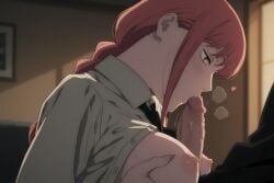 1boy 1girl ai ai_art ai_generated black_necktie blurry blurry_background blush braid braided_ponytail breasts breasts_out breasts_squeezed_together breath chainsaw_man collared_shirt erection fellatio from_side grabbing_own_breast heart hetero indoors kissing_penis large_breasts long_hair long_sleeves makima_(chainsaw_man) medium_breasts necktie nipples open_clothes open_shirt oral orange_eyes paizuri penis profile red_hair ringed_eyes saliva shirt sidelocks solo_focus sweat uncensored upper_body veins veiny_penis white_shirt yellow_eyes