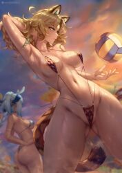 2d 2d_(artwork) 2girls alternate_costume animal_ears animal_tail ass back back_view bikini bikini_bottom bikini_top blonde_hair blue_hair covered_nipples female female_focus front_view genshin_impact high_resolution highres hoyoverse long_hair mature mature_female mihoyo mualani_(genshin_impact) outdoors perfect_body queasy_s revealing_swimsuit sexy slim_girl standing sunset swimsuit thong thong_bikini volleyball_(ball) xilonen_(genshin_impact)