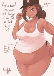 1futa belly_expansion big_ass big_belly big_breasts brown_hair cleavage dark-skinned_futa dark_skin dialogue dumb expansion futanari idiot implied_futa navel nipples_visible_through_clothing parkdale stupid tagme weight_gain wide_hips