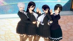 3d 4girls akinama_family_(noir-black-shooter) big_breasts black_hair dark_blue_hair hair_over_one_eye huge_breasts itsu_akinama_(noir-black-shooter) koikatsu long_hair naoki_akinama_(noir-black-shooter) naoko_akinama_(noir-black-shooter) noir-black-shooter oc original original_character purple_eyes school_uniform shiho_akinama_(noir-black-shooter) short_hair silver_eyes silver_hair sisters twins