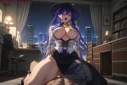 1boy 1girl ai_generated black_legwear blue_hair blush breasts breasts_outside censored closed_eyes clothed_sex cowgirl_position girl_on_top hat hetero hi_res high_quality high_resolution indoors kiraamane large_breasts long_hair lucilla_(wuthering_waves) mosaic_censoring nipples open_mouth patreon penis seductive sex sexy straddling torn_clothes uncensored vaginal watermark wuthering_waves
